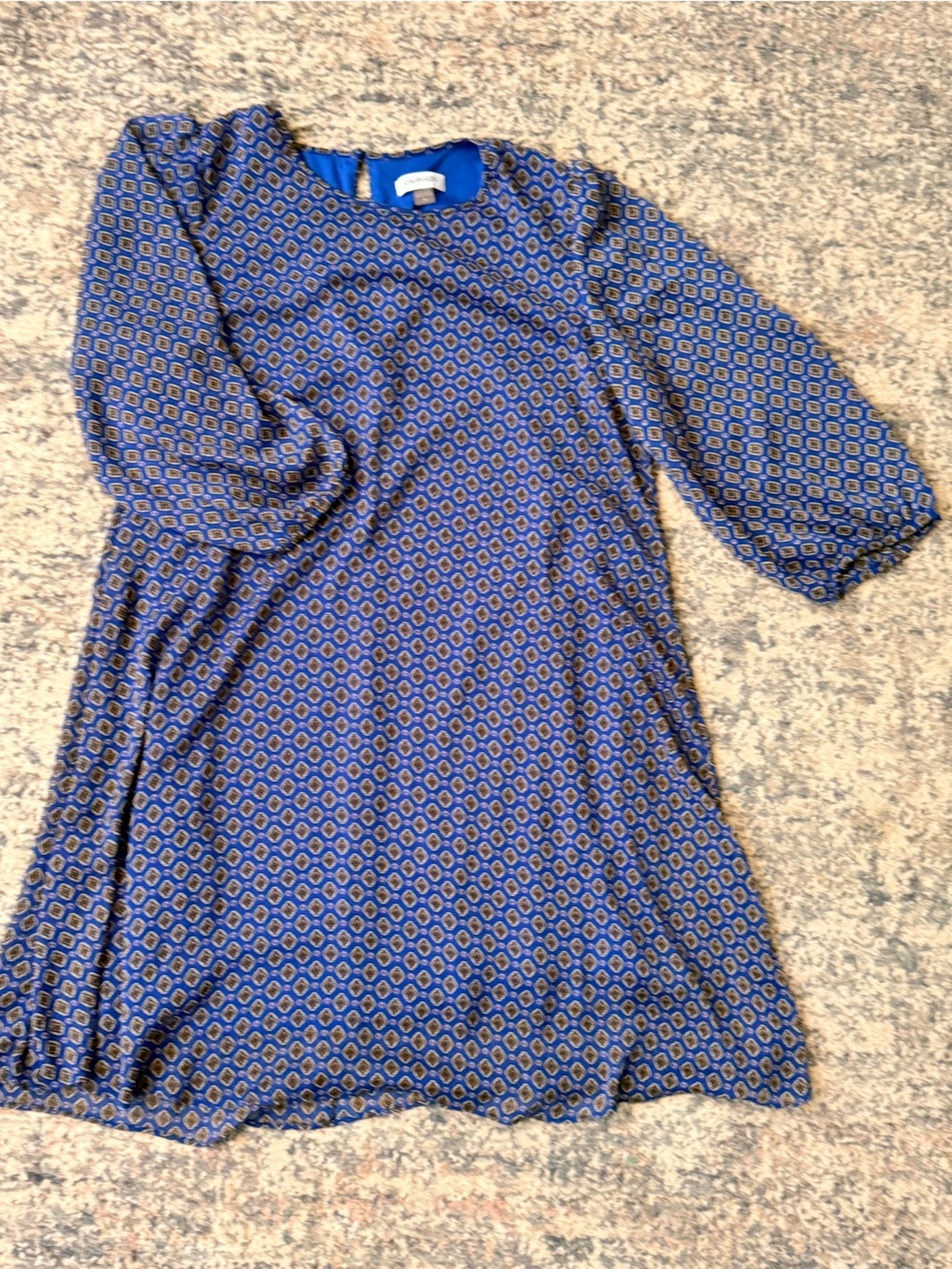 Calvin Klein Blue Geometric Ruffle Round Neck 3/4 Puff Sleeve Shift Dress 12
